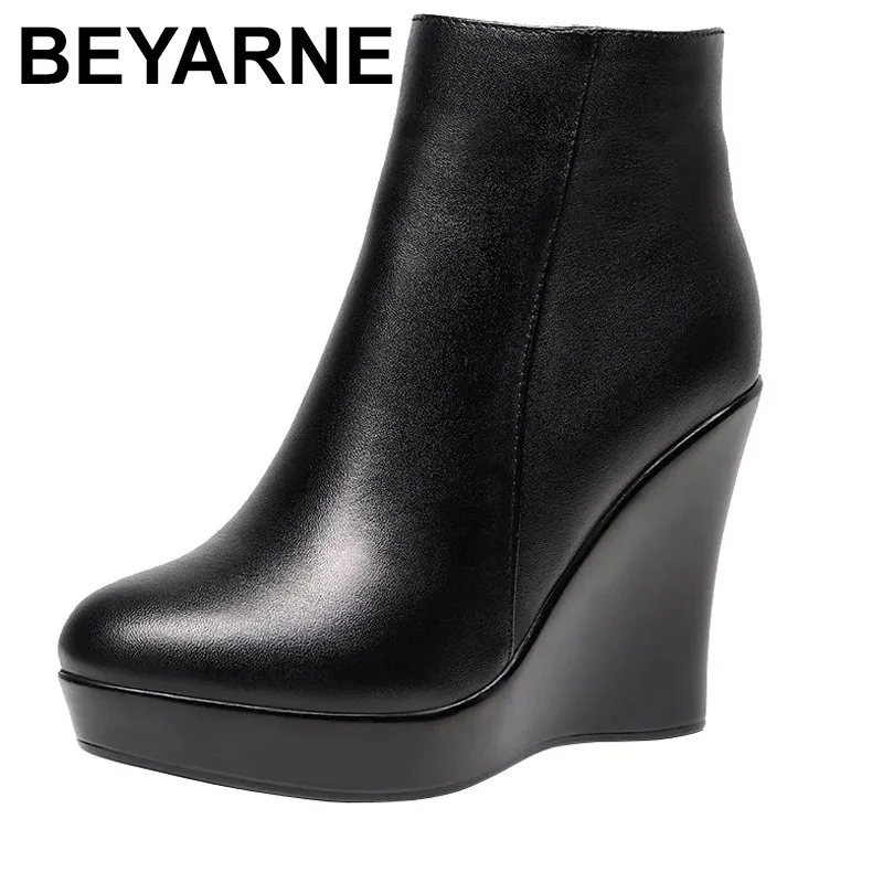 Women Genuine Leather Platform Ankle Boots Winter Female Plush Snow Boots Round Head Wedge Boots Women High Heel Shoes