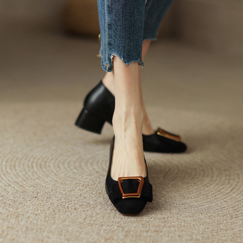 2022 Spring/Summer Women's Pumps Split Leather High Heels Square Toe Chunky Heel Women Shoes Metal Buckle Lady Shoes Party Shoes