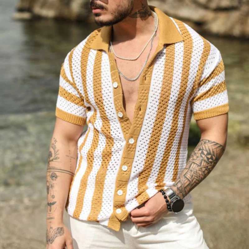Knitted Shirts Mens Fashion Hollow Out Breathable Beach Cardigan Shirt Short Sleeve Mens Summer Button Lapel Casual Knit Shirts Z240914
