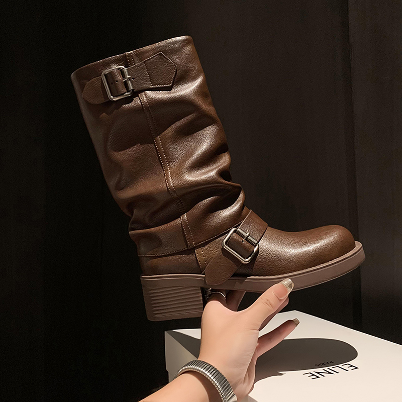 2024 New Autumn/Winter Women Boots Platform Heel Round Toe Chunky Heels Women Shoes Western Boots Mid-calf Genuine Leather