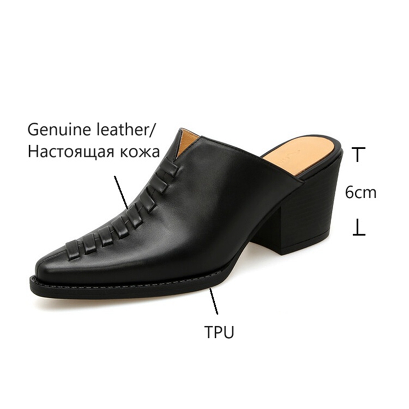 Summer NEW Mules Genuine Leather Shoes for Cover Chunky Heel Slippers New Cross-tied Pointed Toe Black Women Sandals 256c