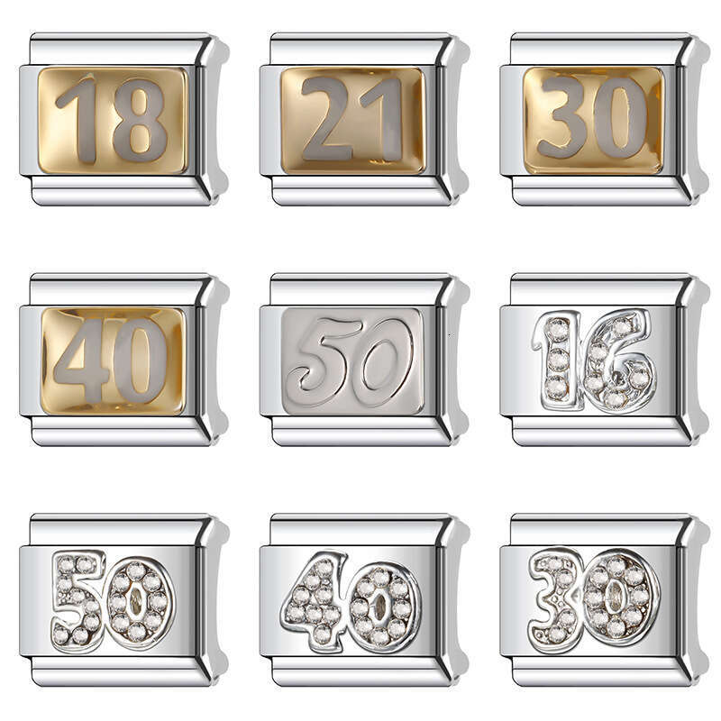 New Women's Gift number with shine stone Bead Italian Charms Links Bangle Beads Fit 9mm Stainless Steel Bracelet Making DIY For Women Fashion Jew