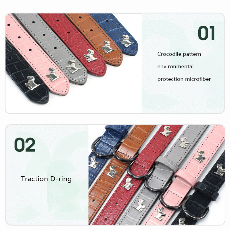 Leather Dog Collar Adjustable Crocodile Leather Pet Collar Embedded Puppy Graphics Decoration for Small, Medium and Large Dogs