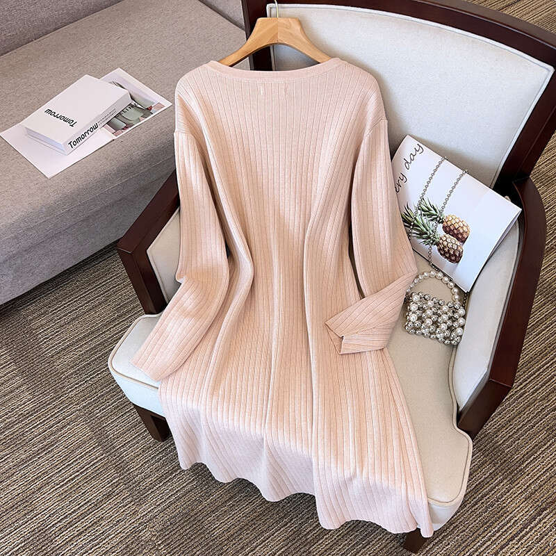 155Kg Plus Size Women's Bust 160 Spring Autumn New Loose Long V-Neck Sweater Dress Black Apricot 5Xl 6Xl 7Xl 8Xl 9Xl 10Xl