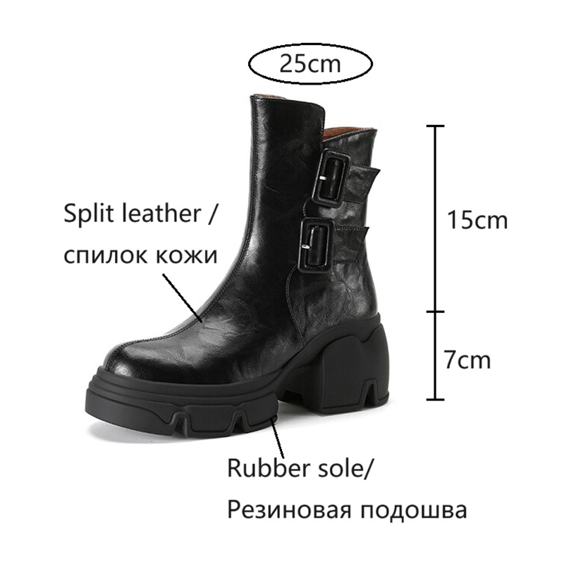 Autumn NEW Split Leather for Women Round Toe Chunky Heel Designer Platform Shoes Belt Buckle Girls Boots 896f Platm