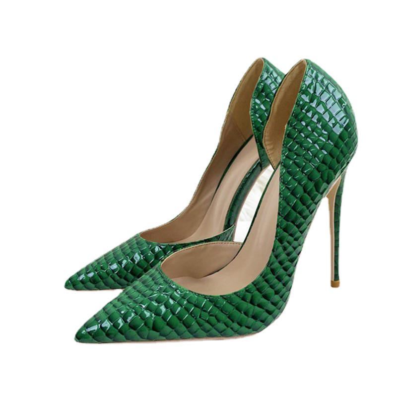 12CM Embossing Single Shoes Sexy Pointed Toe Women Evening Party Dress High Heels New Summer Office Green Slip On Stiletto Pumps