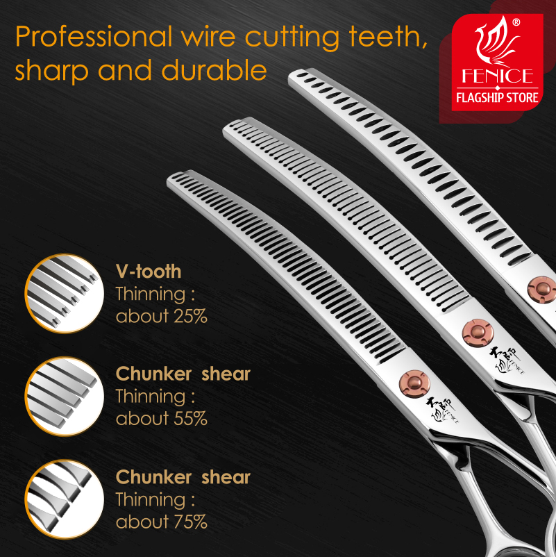Fenice Japanese Steel 7 Inch Professional Pet Dogs Grooming Scissors Kit Straight&Curved &Thinner&Chunker&Fluffy Shear Scissors