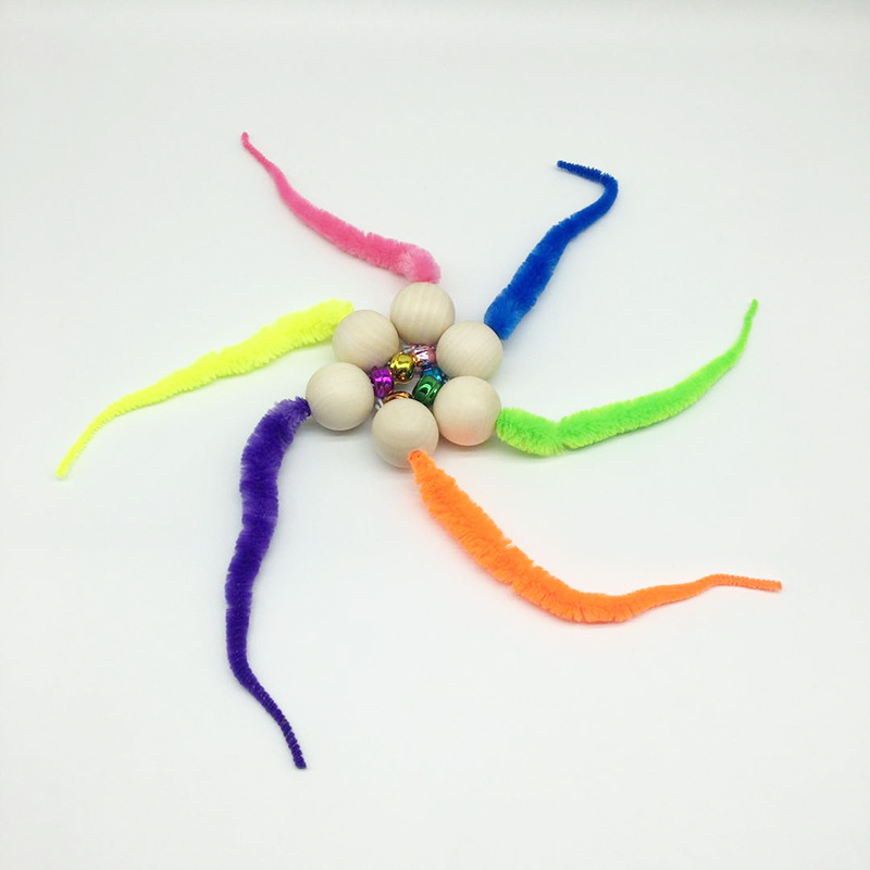 1pc Cat Toy Wooden Ball Star Colorful Caterpillar Beads Snake Tail Wiggly Ping Pet Toy Cute Soft Pet Interactive Funny Bell Toy