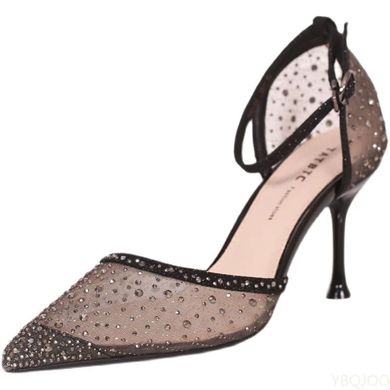 Sexy Black Mesh High Heels Shoes Women Summer 2024 Pointed Toe Crystal Pumps Shiny Ankle Strap Party