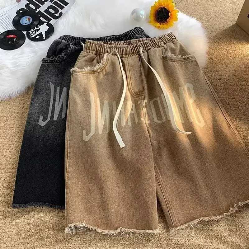 Mens Summer Drawstring Elastic Waist American Style Trendy Brand Casual Loose Fit Denim Shorts Over Knee Five Point PantsX240914
