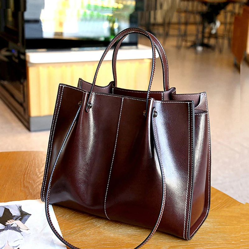 Hifashion vintage leather tote bag suitable for female trend s shoppers shoulder bags and working womens handbags 240910 9eff 4
