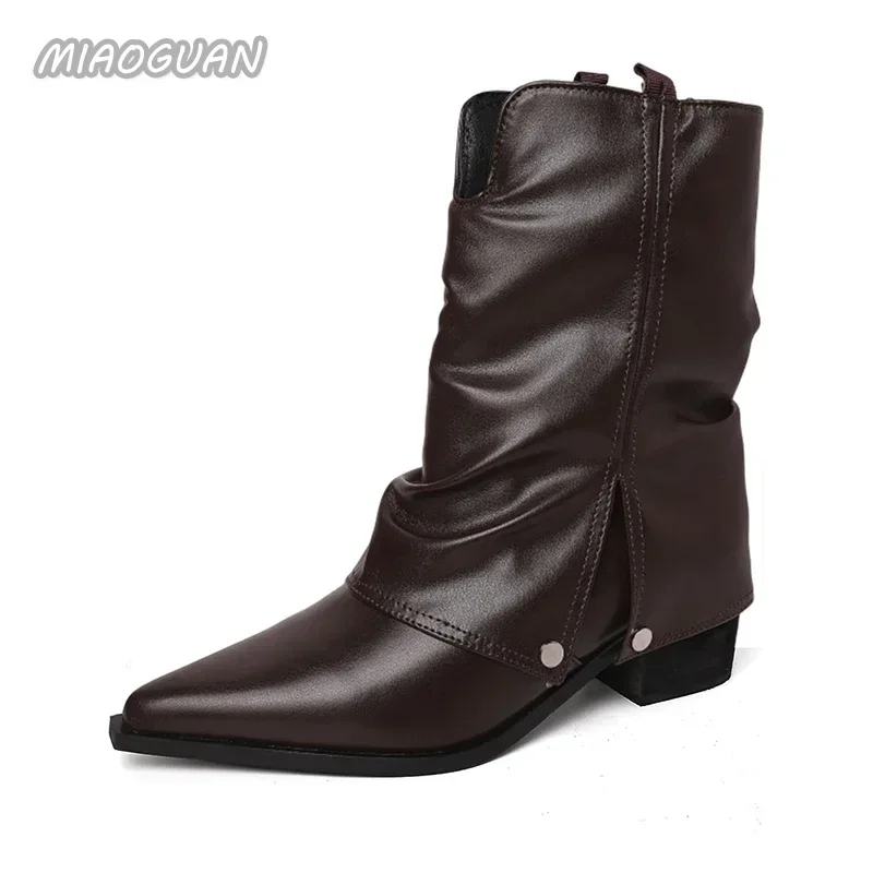 Heel Women Square Ankle Boots Western Cowgirl Botas Fashion Pointed Toe Shoes Autumn Winter Ladies Elegant Short Booties Mujer bbc5