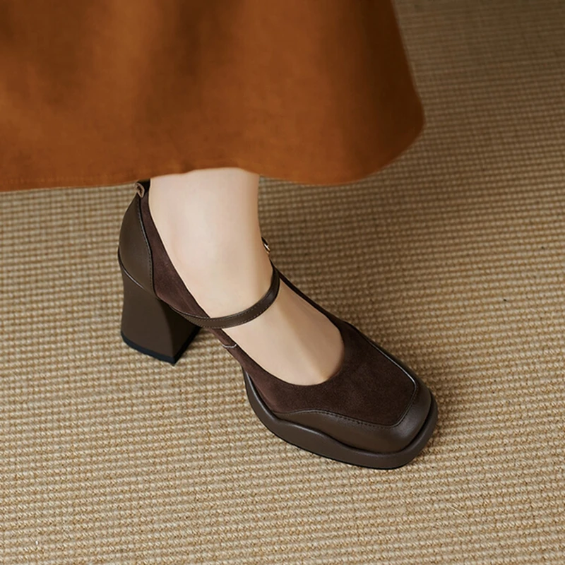 2025 new Women's Spring Pumps Sheep Suede Leather for Women Round Toe Chunky Super High Heel Mary Janes Platform Shoes 0811 Platm