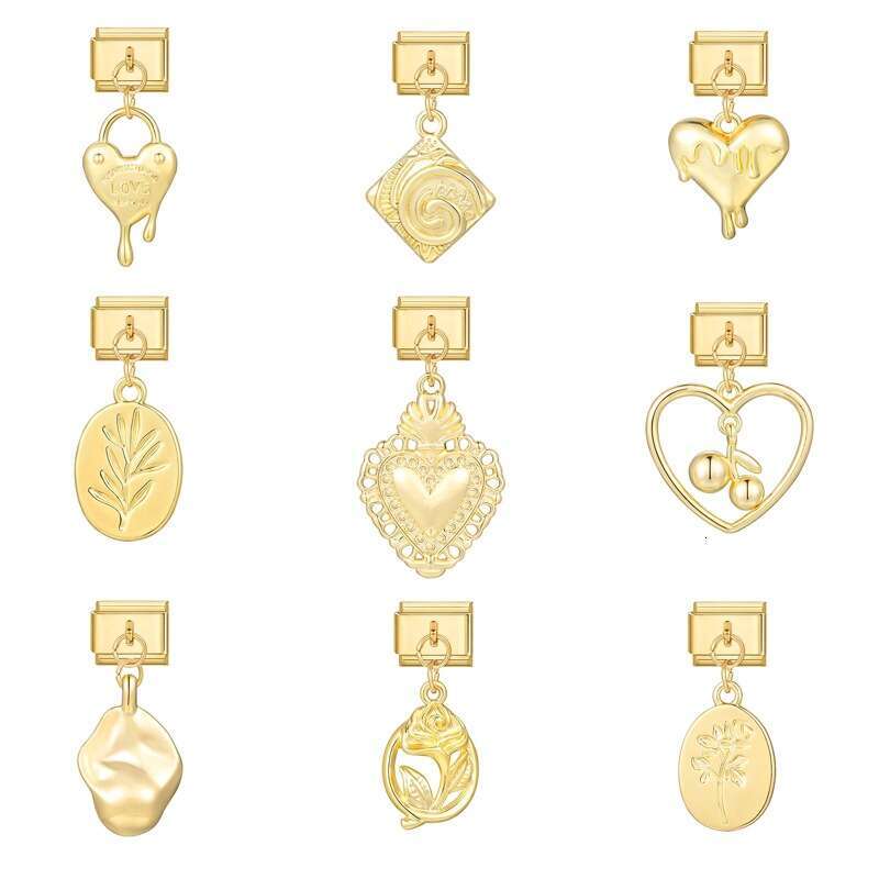 New Women's Gift Gold plated flower butterfly Pendant Italian Charms Links Bangle Beads Fit 9mm Stainless Steel Bracelet Making DIY For Women Fas