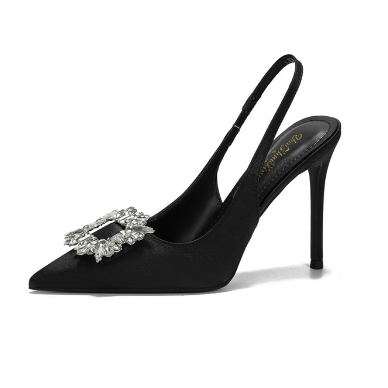 2024 Summer New Pointy French Satin High Heels Women's Thin Heels Square Buckle Rhine-diamond Wedding Shoes