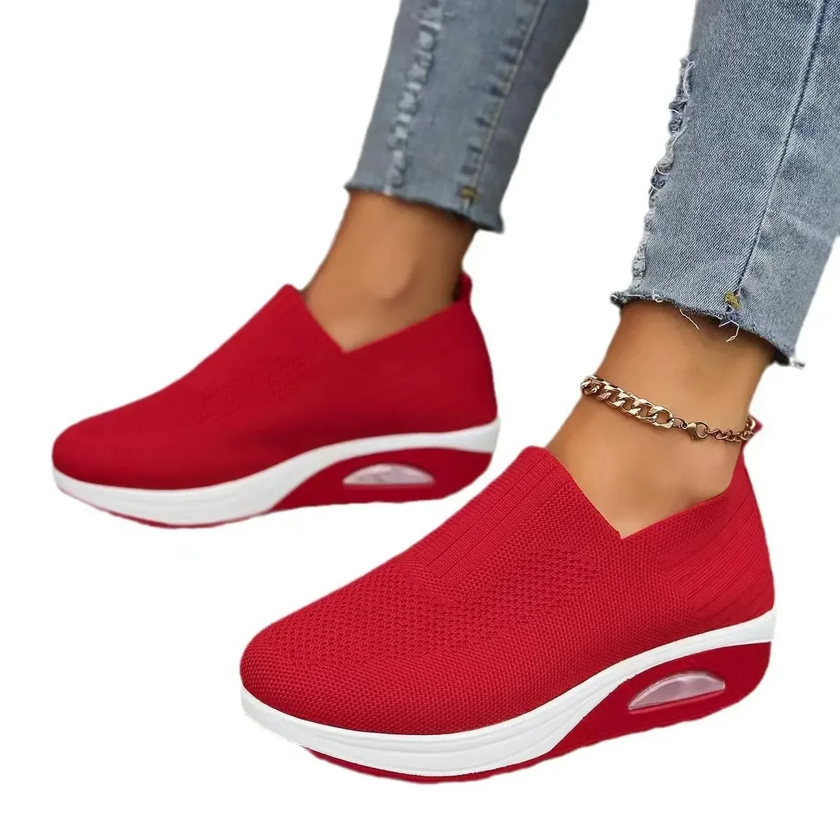 2024 Breathable Mesh Women Shoes Wedges Heel Shoes Ladies Slip on Knitting Sock Sneakers Women Platform Casual Footwear