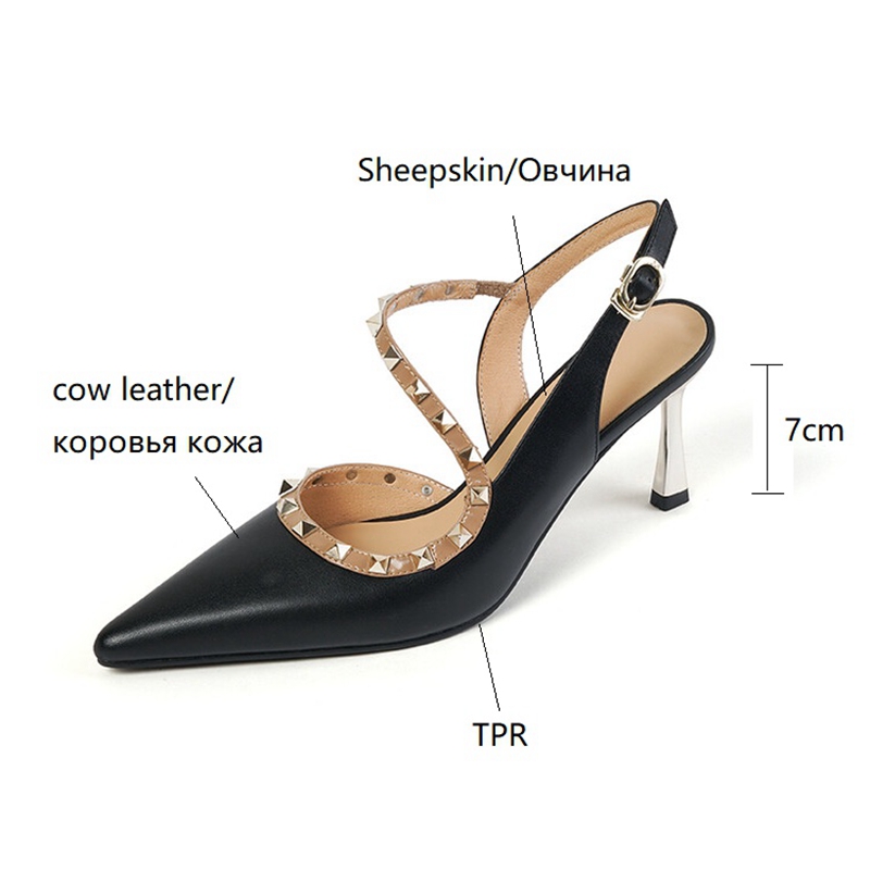 NEW Summer/Spring Women Shoes Pointed Toe Thin Heel Sandals Rivet High Heels Concise Genuine Leather Shoes Dress Shoes for Women