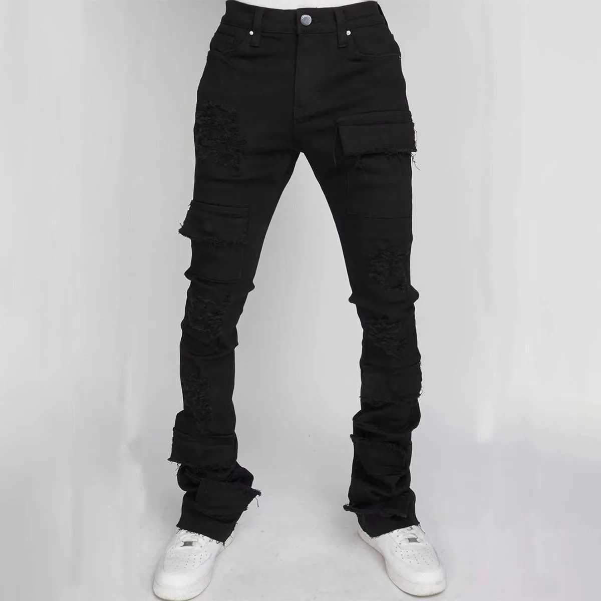 New vintage cargo jeans mens stretch torn washed Y2k pants straight leg mens patch denim Trouser CL240912