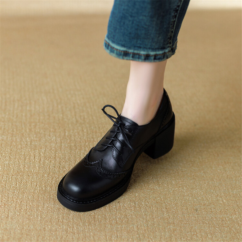 Spring New New Cow Leather Round Toe Pumps Platform Shoes for Women atos Mujer Lace Up Brogue Designs Loafers cb48