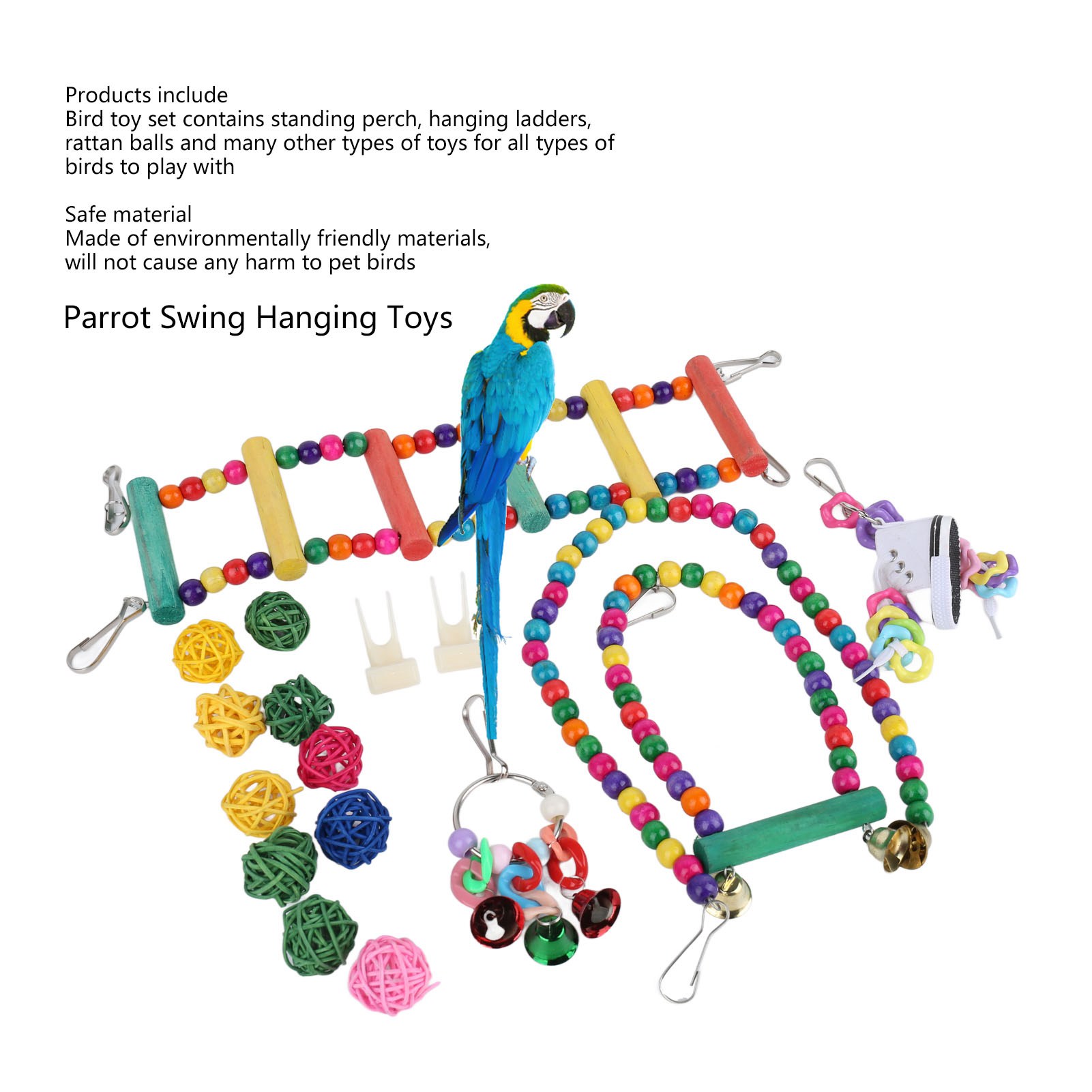 17Pcs Bird Cage Hanging Toys Parrot Swing Standing Chewing Hanging Toy With Hammock Hanging Ladder Rattan Balls Rope