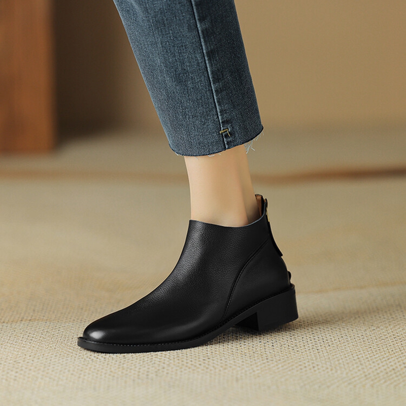 Autumn NEW Round Toe Low Heel Genuine Leather for Retro Zip Ankle Boots Winter Women Shoes d477