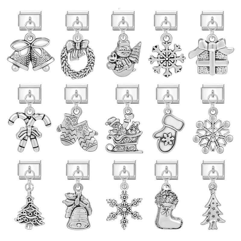 New Women's Gift Christmas Bell Socks snowflake Pendant Italian Charms Links Bangle Beads Fit 9mm Stainless Steel Bracelet Making DIY For Women F
