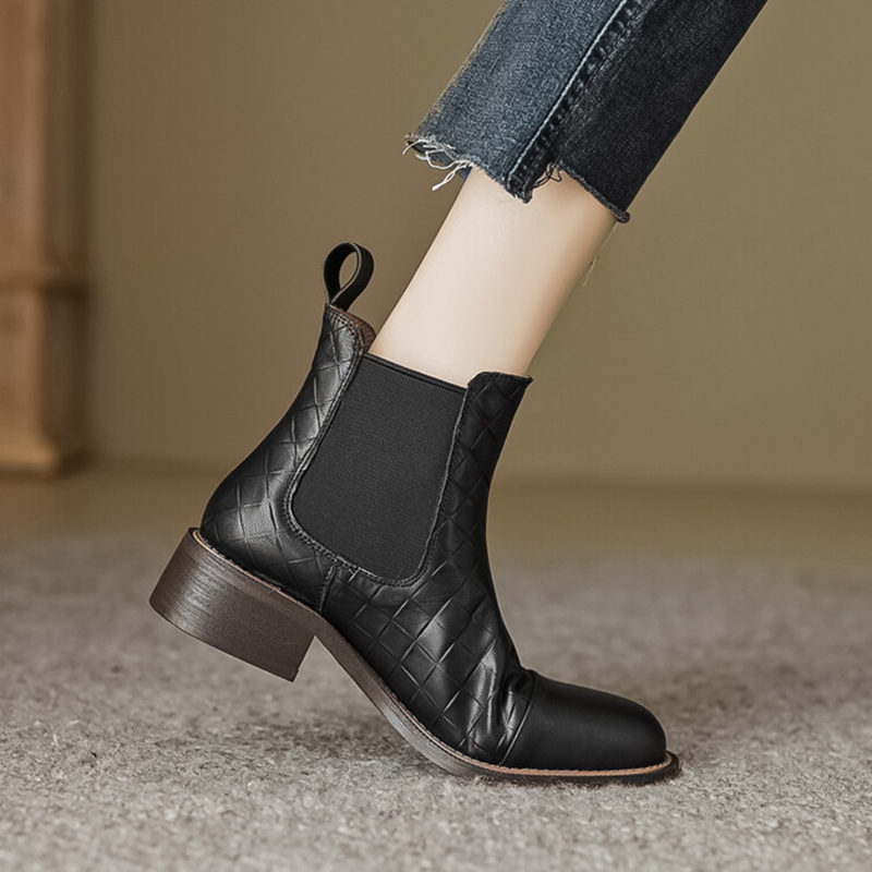 Autumn NEW Round Toe Chunky Heel Genuine Leather Shoes for Women Concise Zipper Short Blck Boots 44ff