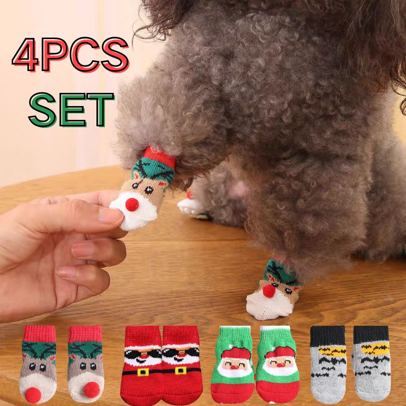4pcs/set Christmas Winter Dog Socks Cute Pattern Foot Covers Warm Anti Slip Shoes Puppy Paw Protector Gift For Puppy Cat Dogs