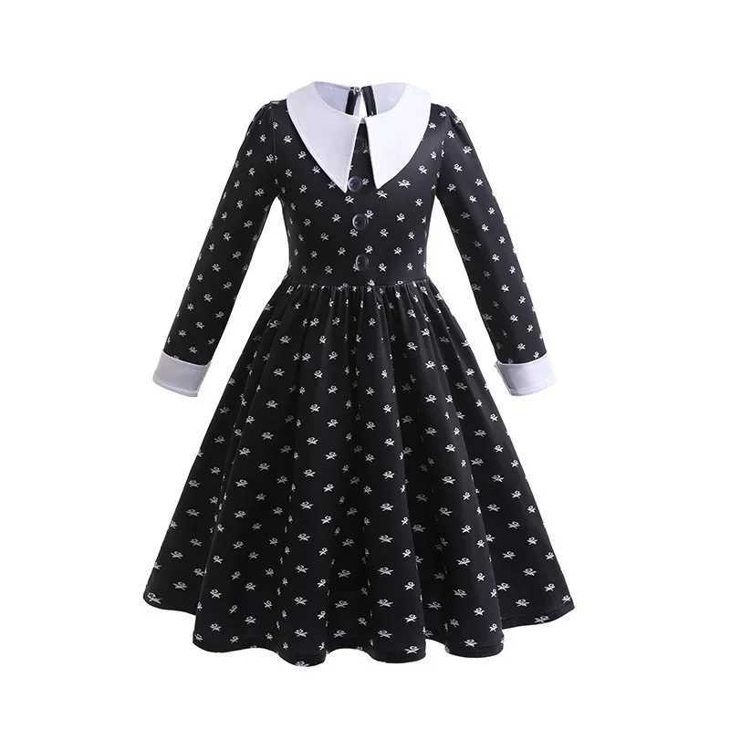 Wednesday Addam girls long sleeved fantasy spring and autumn printed black dress childrens Halloween role-playing costume W240914