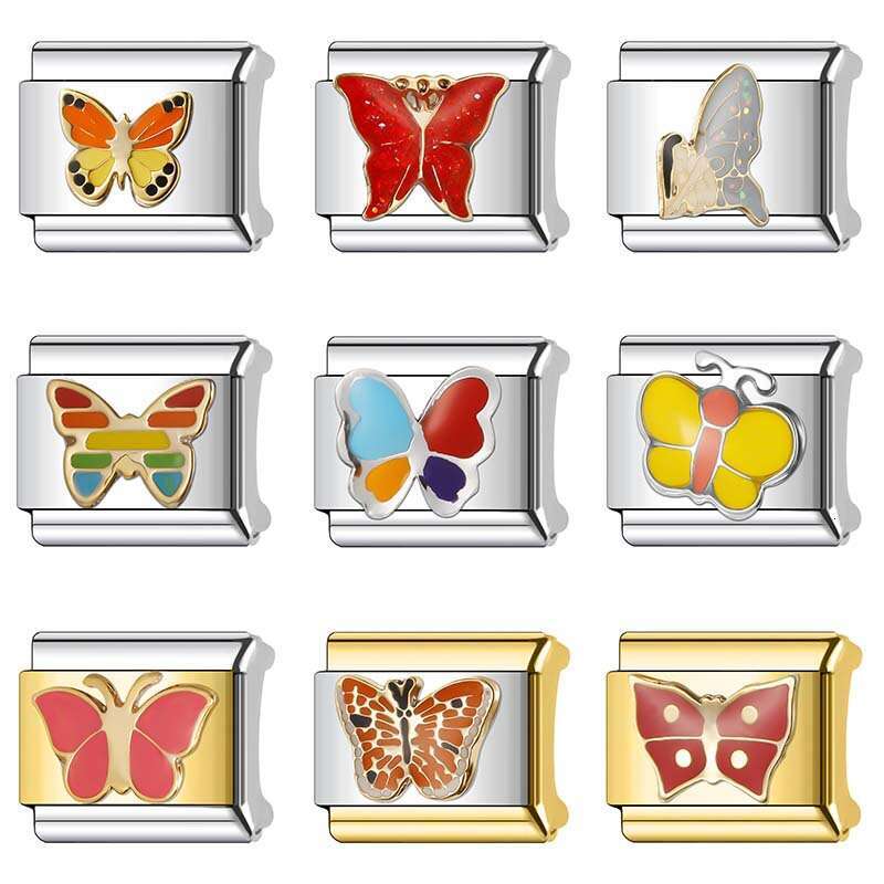 New Women's Gift Colorful butterfly with gold Bead Italian Charms Links Bangle Beads Fit 9mm Stainless Steel Bracelet Making DIY For Women Fashio