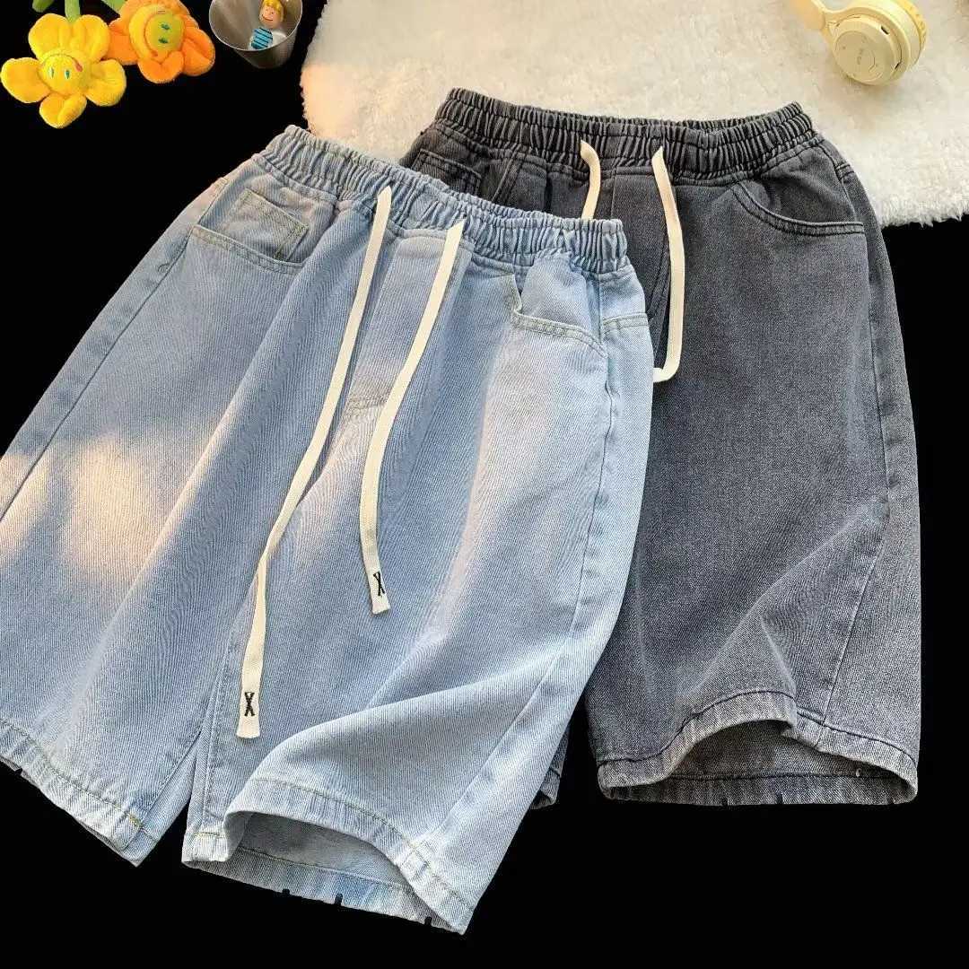 Wide-leg denim shorts mens trendy brand Korean style loose straight shorts summer American retro printed three-quarter pantsX240914