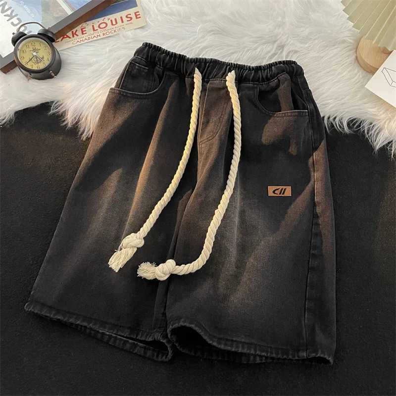 Mens Summer New Washed Denim Shorts Rope Elastic Waist Casual Loose Five Points Drawstring Jeans ShortsX240914