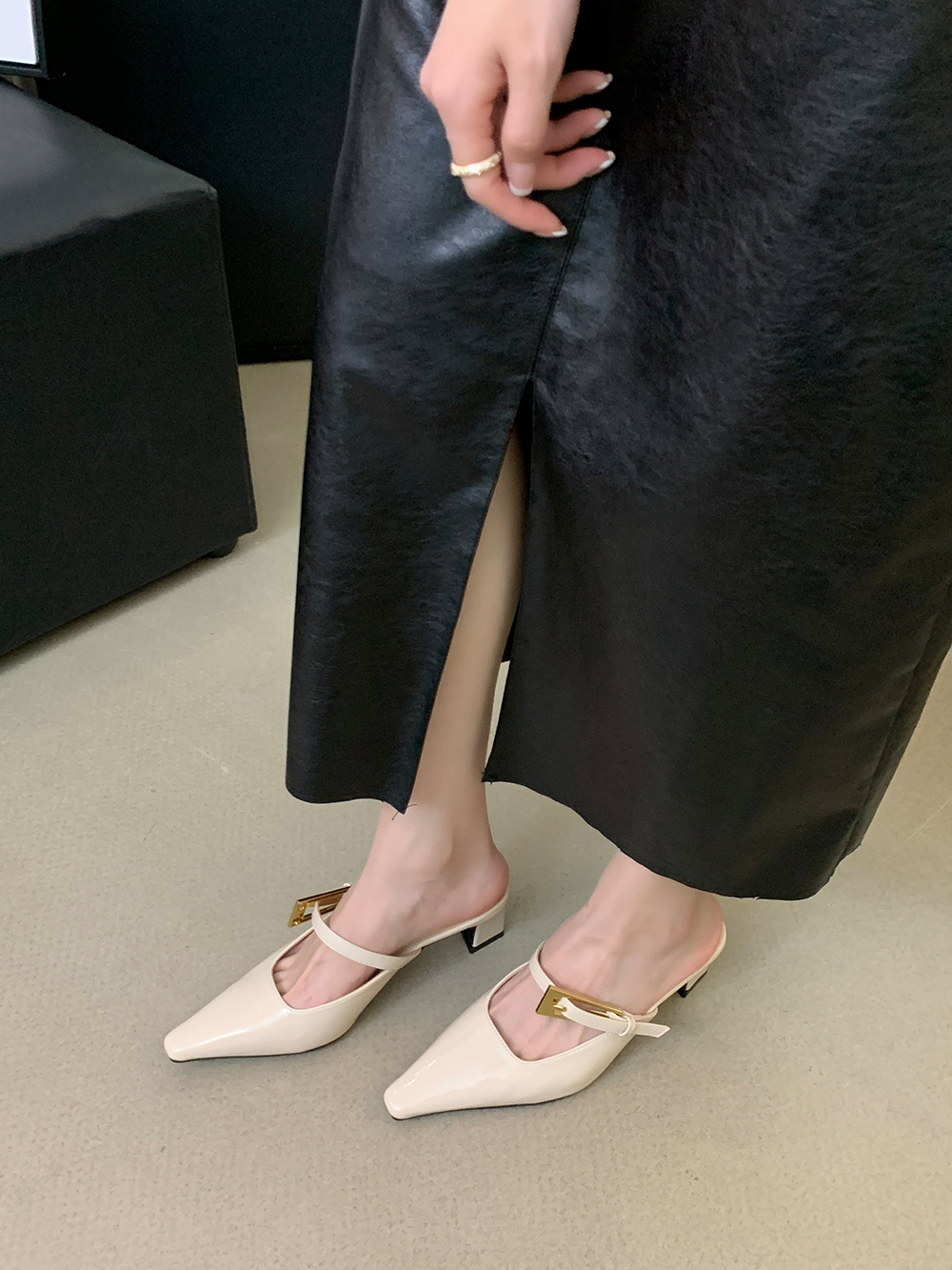 Patent Leather Women Slides Slippers Summer Outside Mules Shoes Thick High Heels Elegant Dress Shoes Woman Belt Buckle 35-39
