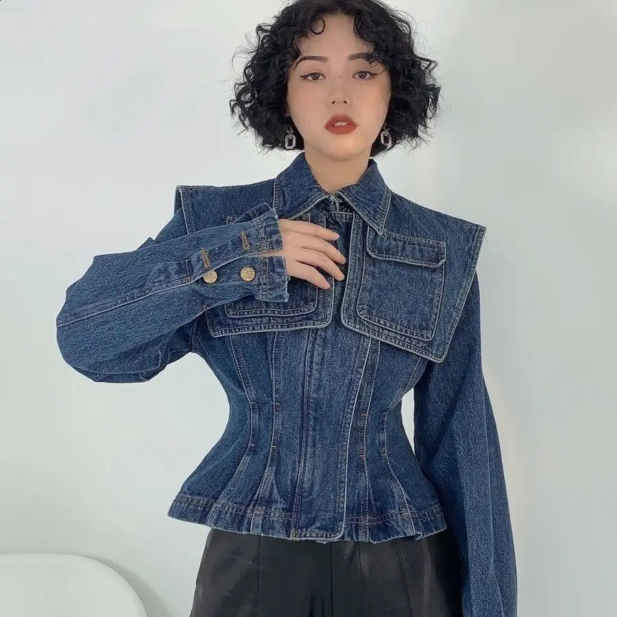 Fashion polo neck denim womens jacket autumn Korean style French retro waist weight loss casual short jacket womens top 240906