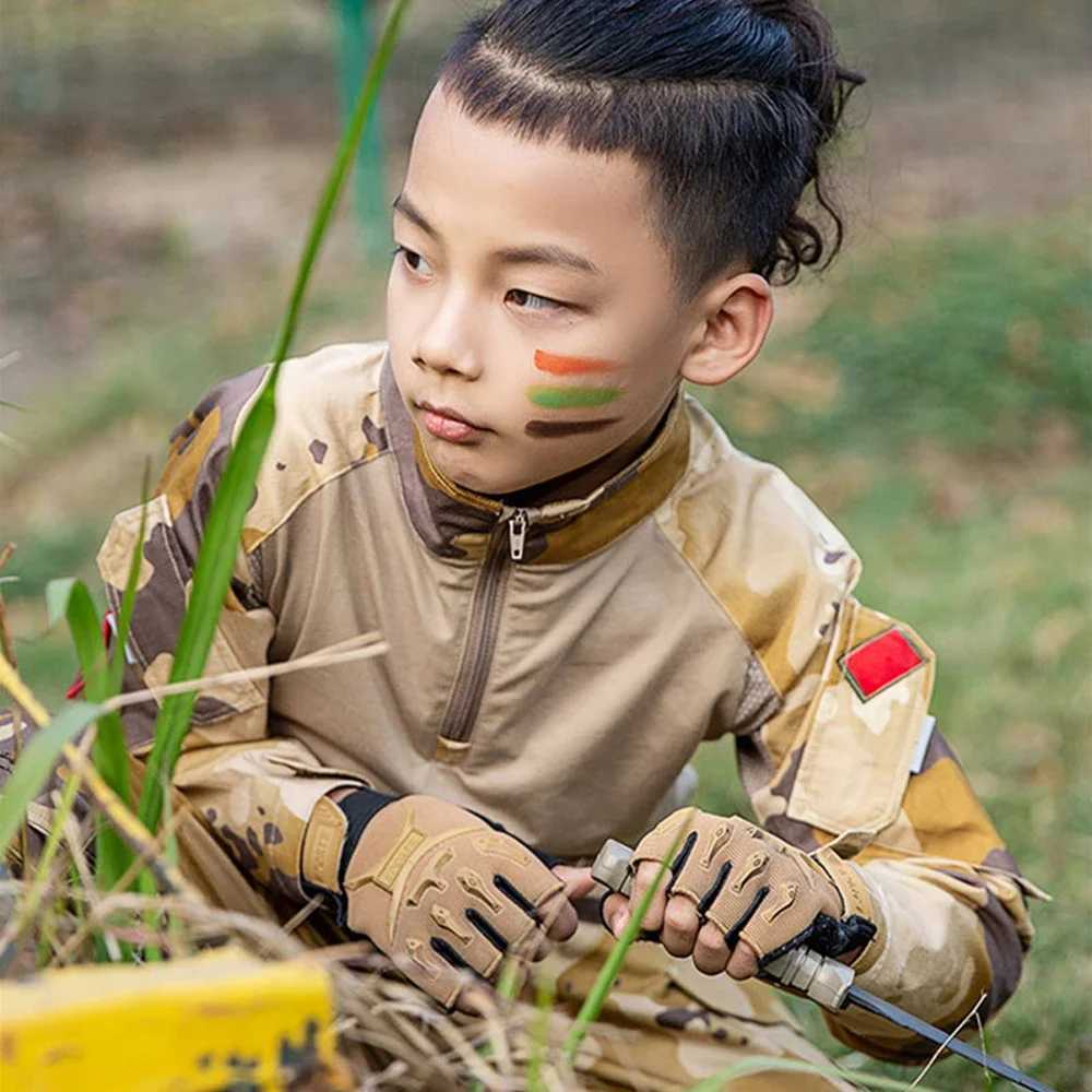 1Pair Kids Tactical Fingerless Gloves Army Military Camo Anti-Skid Mittens Half Finger Boys Girls Children Outdoor Sport Cycling Y240914