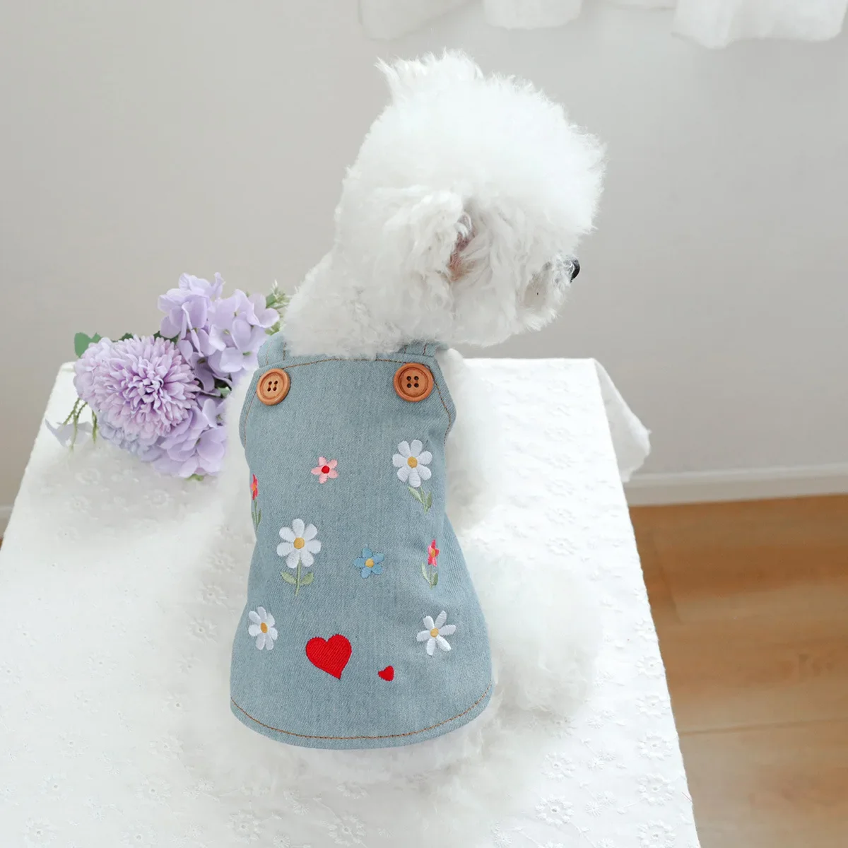 Pet Cowboy Embroidery Small Flower Strap Skirt Dog Cat Clothes Autumn/Winter New Flower Sweetheart Cowboy Skirt