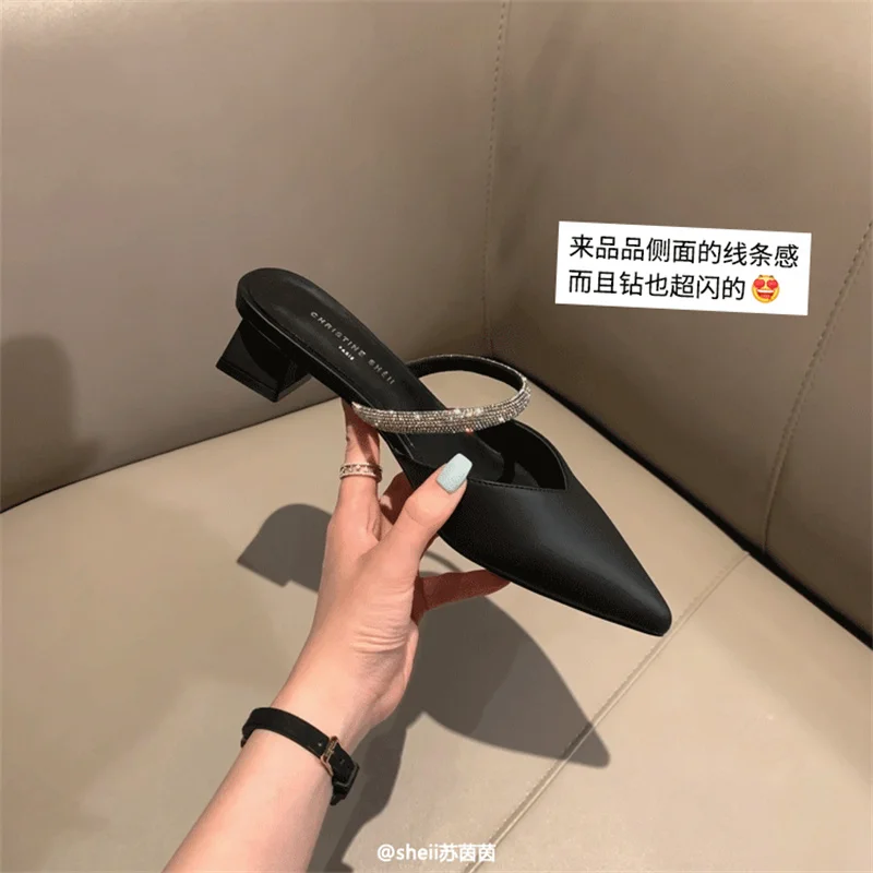 2024 New Baotou High Heels Pointed Toe Ladies Thick Heel Muller Shoes Fashion Rhie Slip-on Fairy Style Sexy Women Pumps 0044