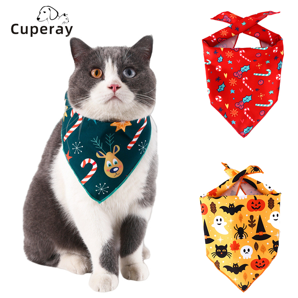 Cat Slobber Towel Pet Print Triangle Bib Decoration Christmas Halloween Party Slobber Towel Pet Accessories for Cats and Puppies