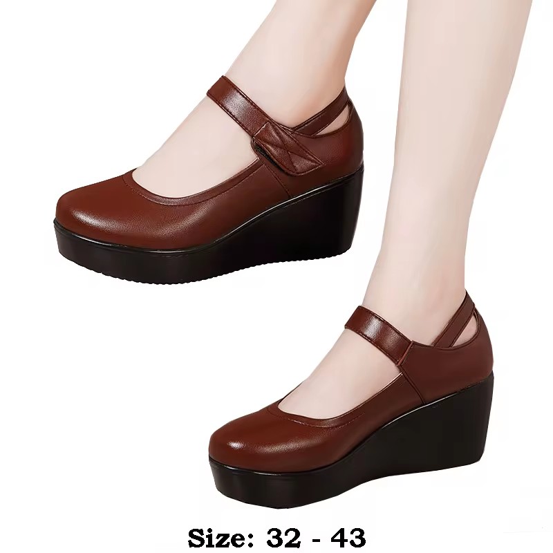 high quality leather shoe for women 6cm wedge high heel platform round toe 32 33 42 43 elegant and fashion shoe