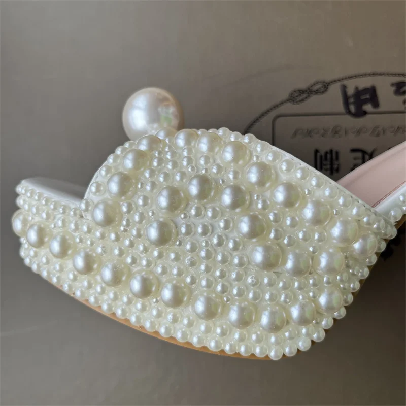 Fully Handmade Pearl Thick Heeled Fish Mouth Sandals Wedding Bride Banquet Fashion Waterproof Platform High Heel Women's Shoes