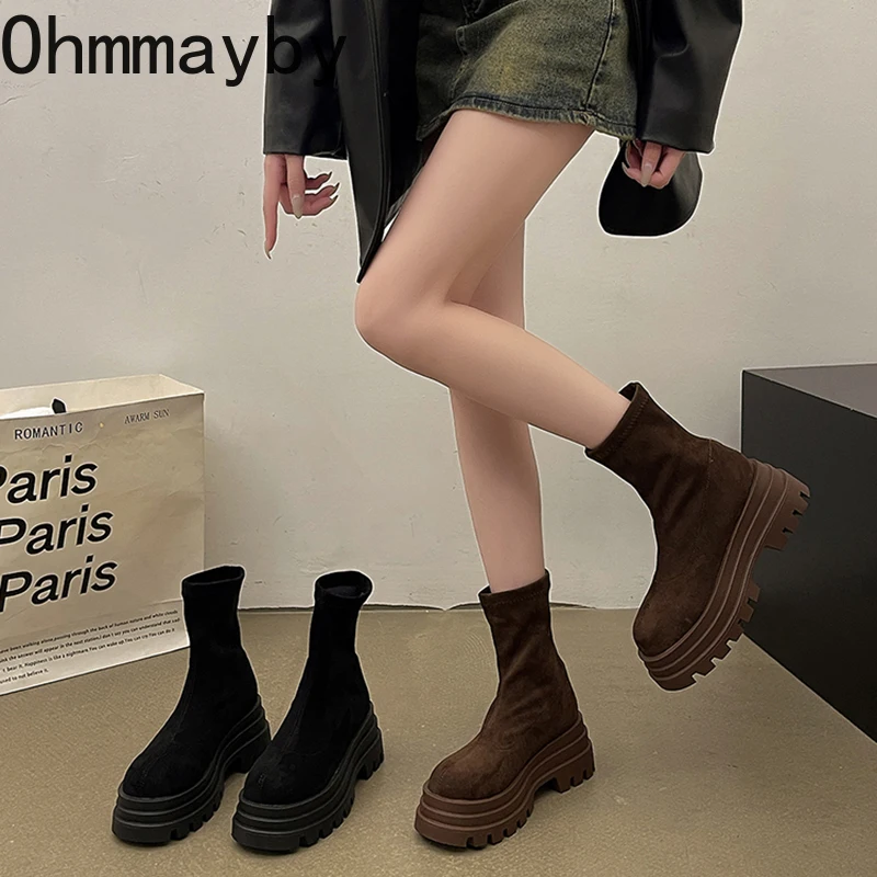 Platform Vintage Increase Women Ankle Boots Fashion Slip On Shoes Autumn Winter British Style Ladies Elegant Short Booties ee89