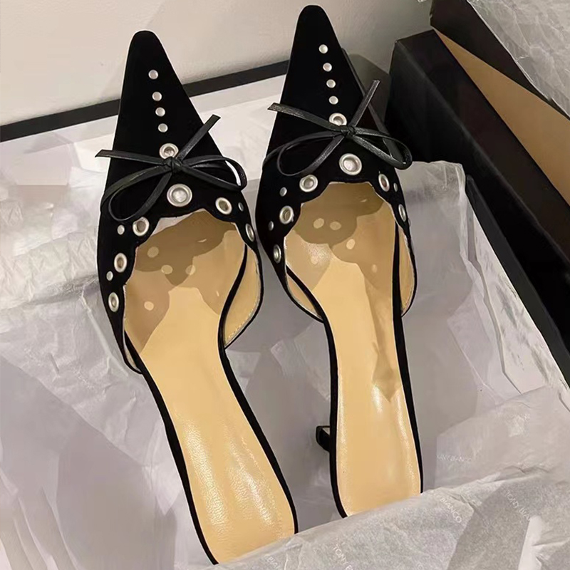 Ladies Thin Fashion Butterfly-Knot Rivet Female Slides Slippers Heels Women Footwear Mules Pumps Shoes c6d6