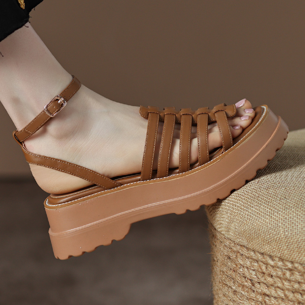 2025 new plus danxuefei size 34-42 women's great pu leather thick sole platform flats sandals narrow band braided ankle strap shoes women 438f