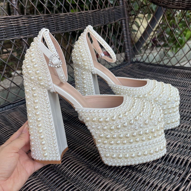 Brand Handmade Inlaid Pearls/rhinestones Sandals Wedding Bride Party Bownot Nightclub Steel Pipe Dance High-heeled Shoes Size 42