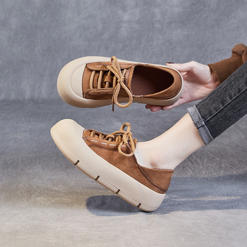 Retro Genuine Leather Lace-Up Round Toe Women's Platform Shoes 4