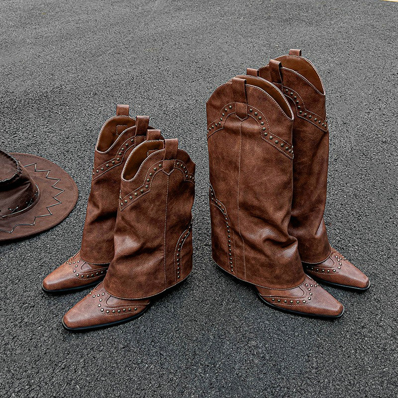 Pointy Retro Western Cowhide Leather Women's New Brown Riveted Pant Boots All Match Chunky Heel Thigh-high Tide Boot 09e7