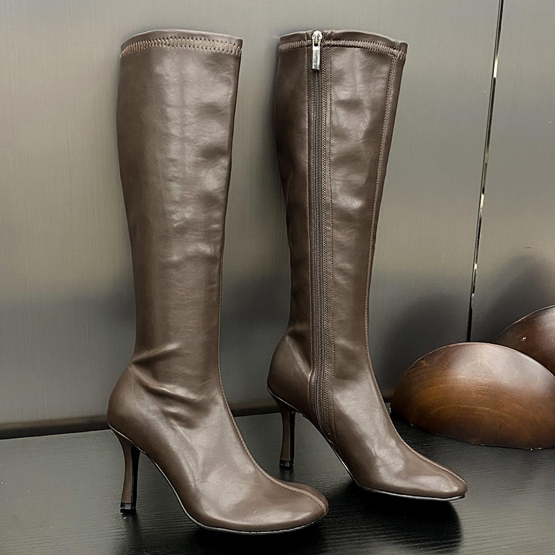 New Footwear Elastic Women Knee High Boots Female Zippers With Thin Heels Shoes Fashion Round Toe Ladies Stretch Booties