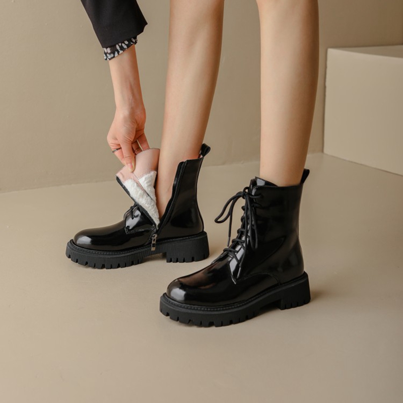 Round Autumn Toe Thick Heel Patent Leather Winter Blended Wool Platform Snow Boots Warm Shoes for Women a3f9