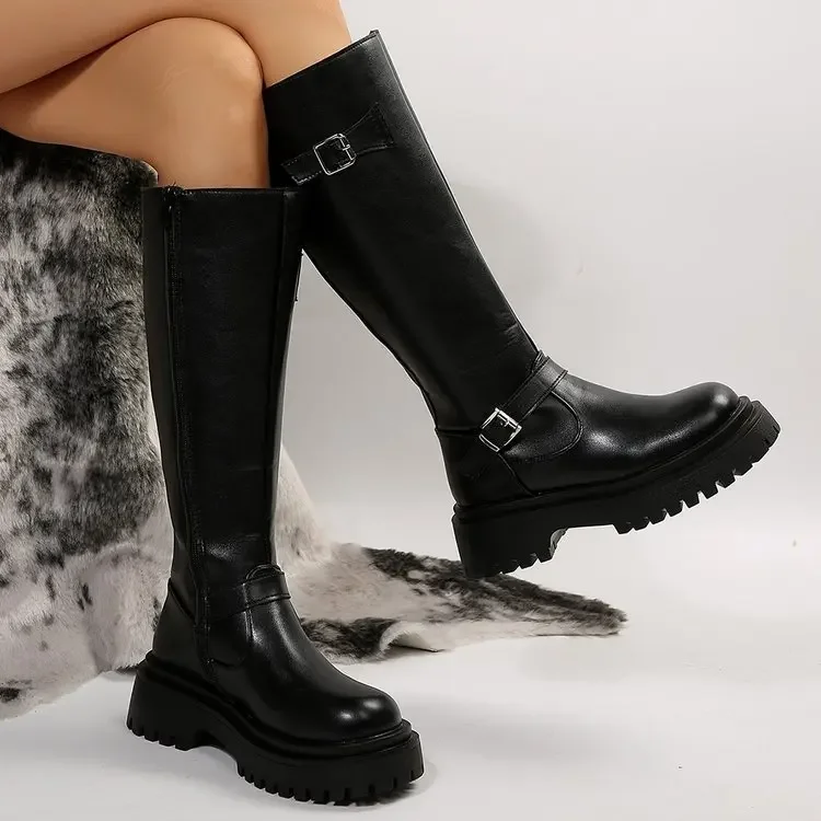 Belt Buckle Gothic Boots for Women Black Thick Heels Knee High Boots Woman Plus Size 42 Punk Long Botas Female 2024