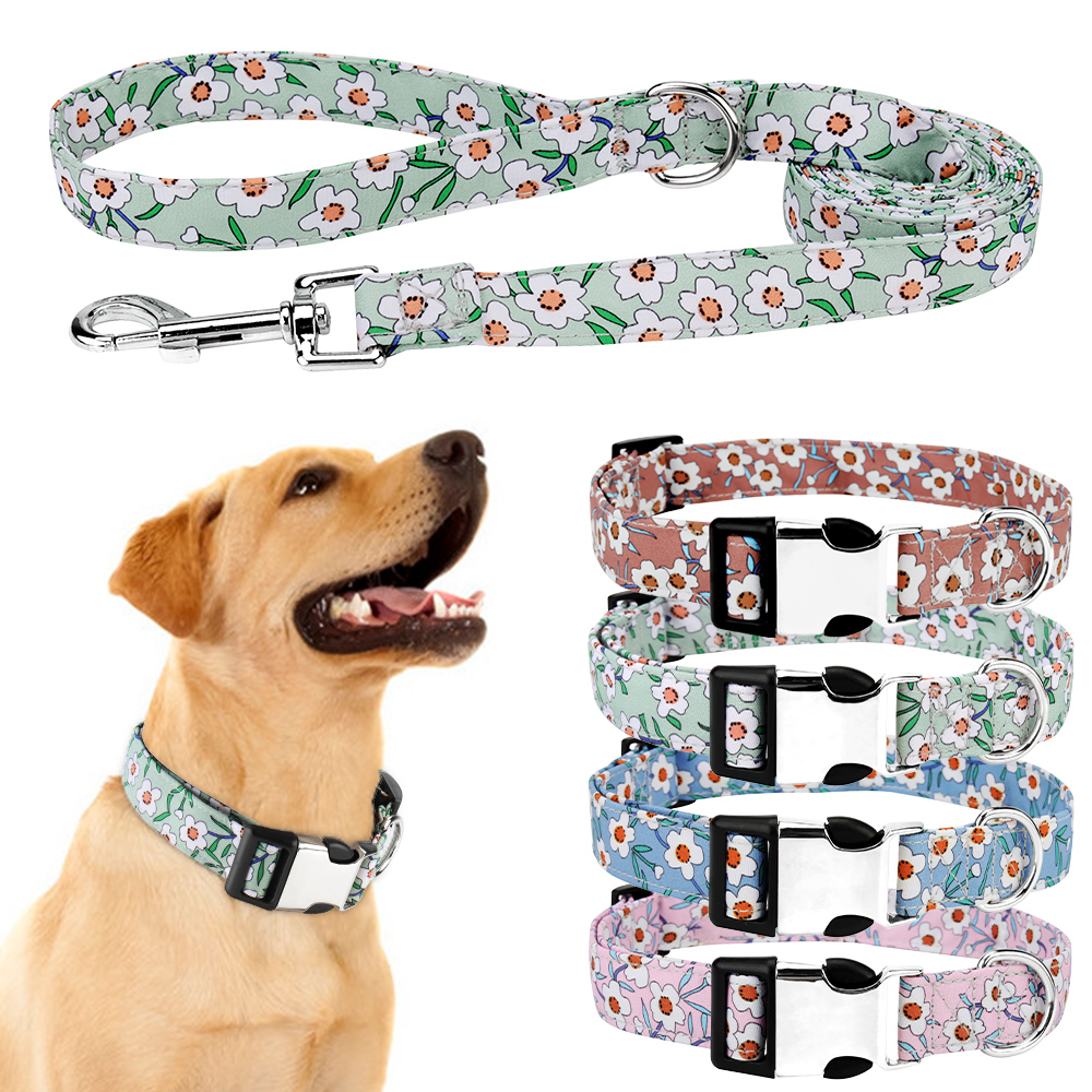 Dog Collar and Leash Set for Daily Outdoor Walking Running Training, Floral Spring Design for Small Medium Large Dogs Cats Pets